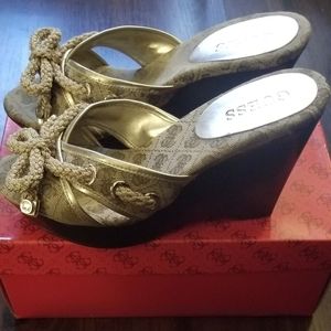 Guess Tristana Wedge Heel Shoes | Tan & Gold